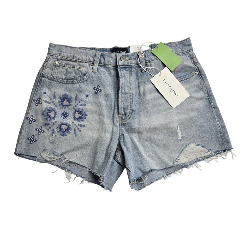 Lucky Brand 90s Midi Shorts Embroidered Distressed Hemp Blend Size 10/30 NWT